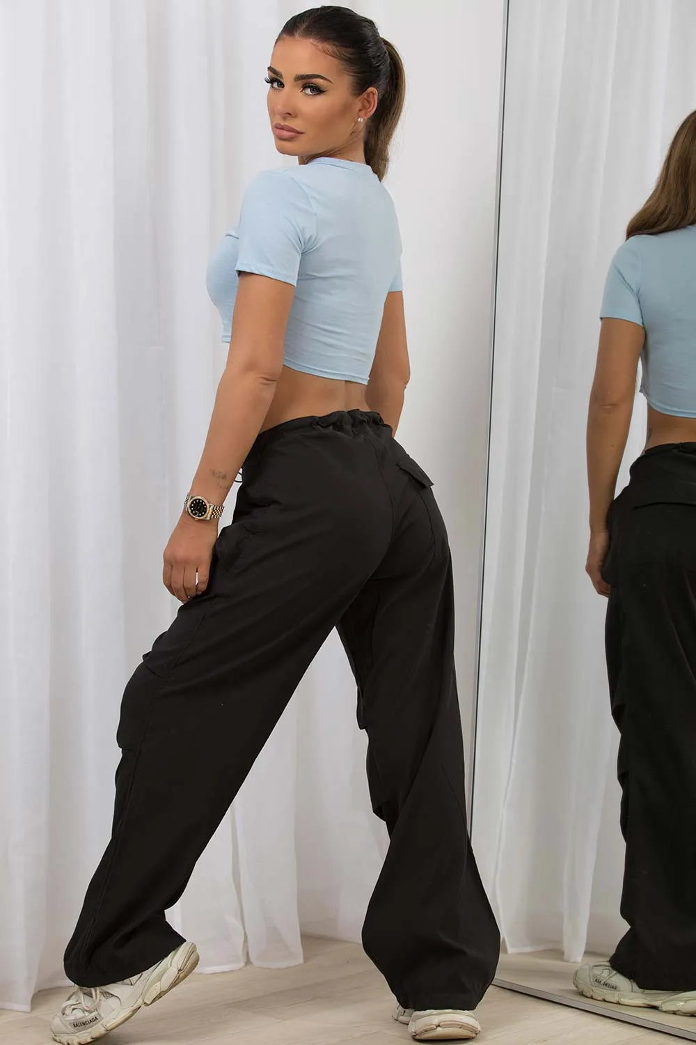 Black Cargo Pants With Toggle Detail