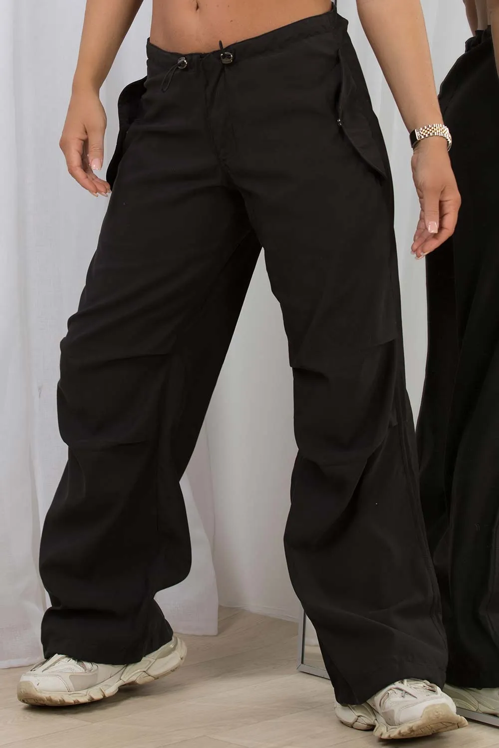 Black Cargo Pants With Toggle Detail