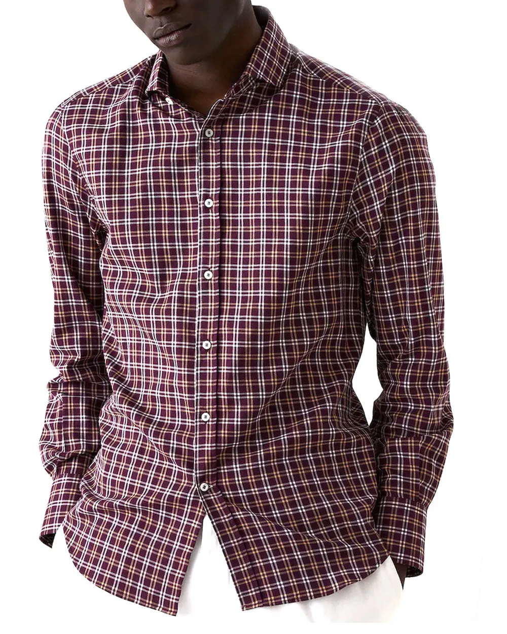 Burgundy Plaid Twill Slim Fit Shirt