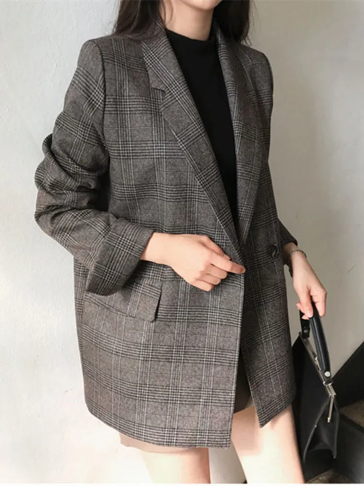 Checkered Double Breasted Formal Blazers with Plaid Pockets