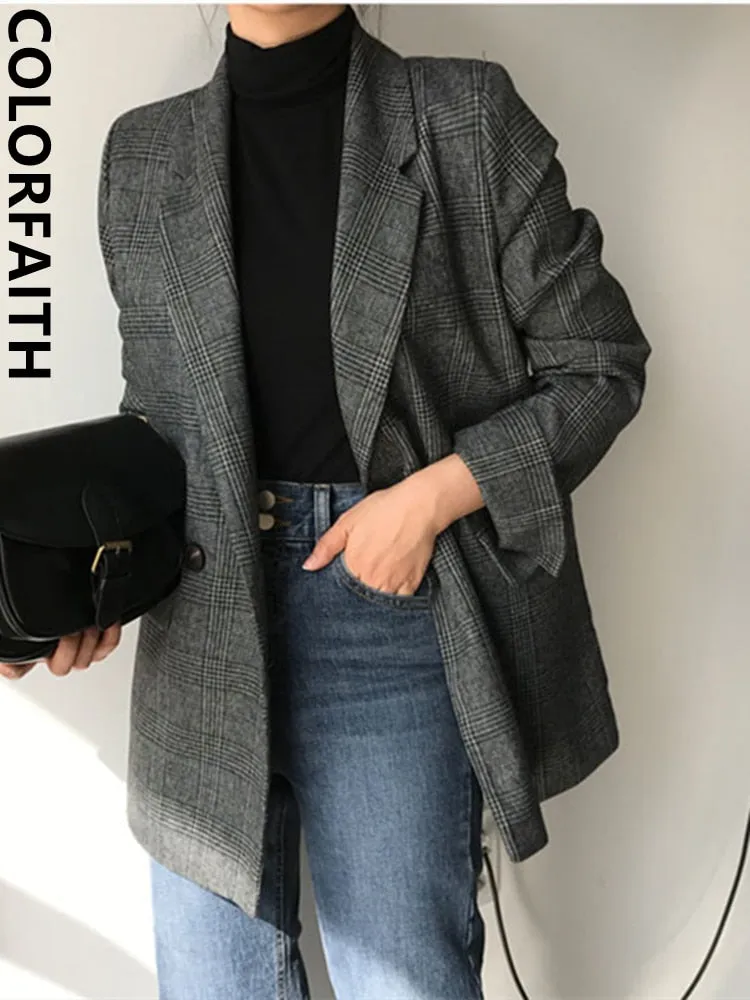 Checkered Double Breasted Formal Blazers with Plaid Pockets
