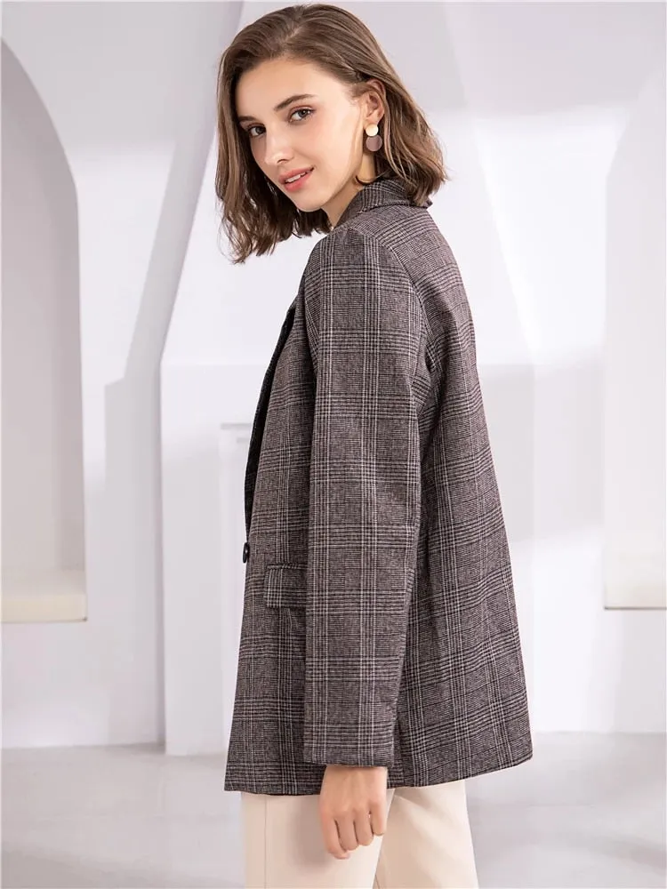 Checkered Double Breasted Formal Blazers with Plaid Pockets