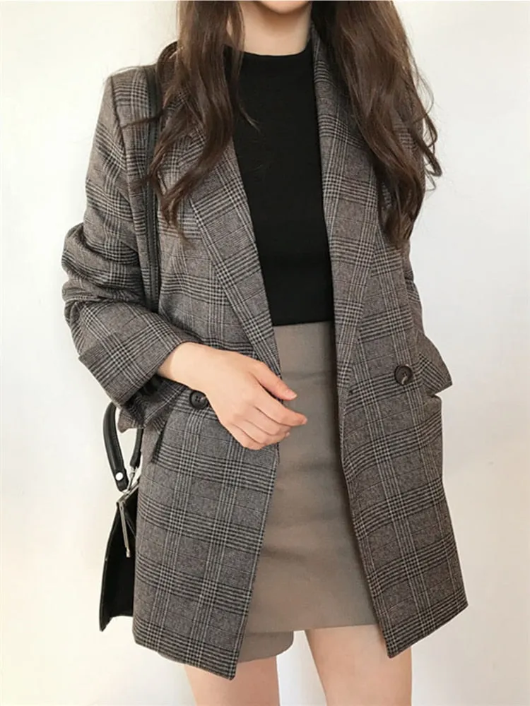 Checkered Double Breasted Formal Blazers with Plaid Pockets