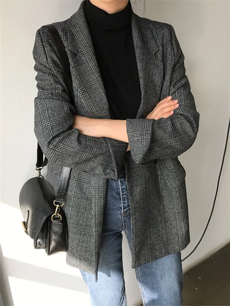 Checkered Double Breasted Formal Blazers with Plaid Pockets