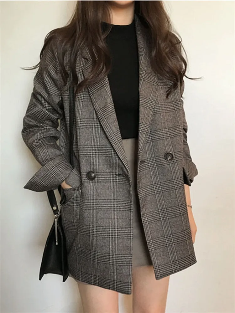 Checkered Double Breasted Formal Blazers with Plaid Pockets