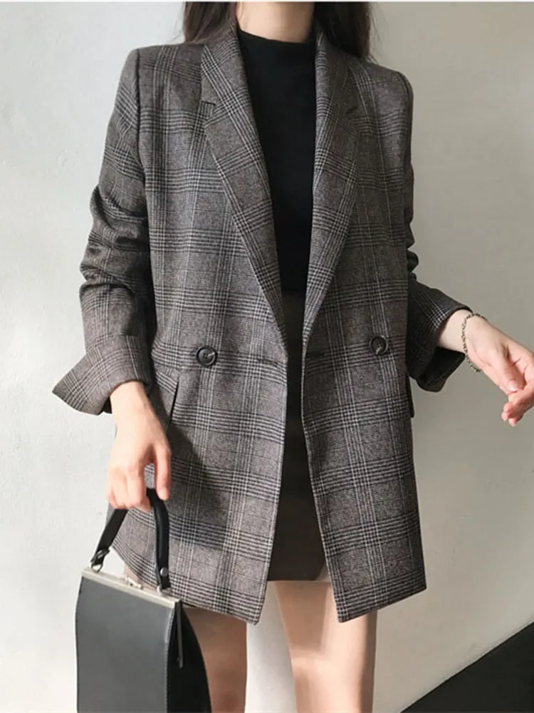 Checkered Double Breasted Formal Blazers with Plaid Pockets