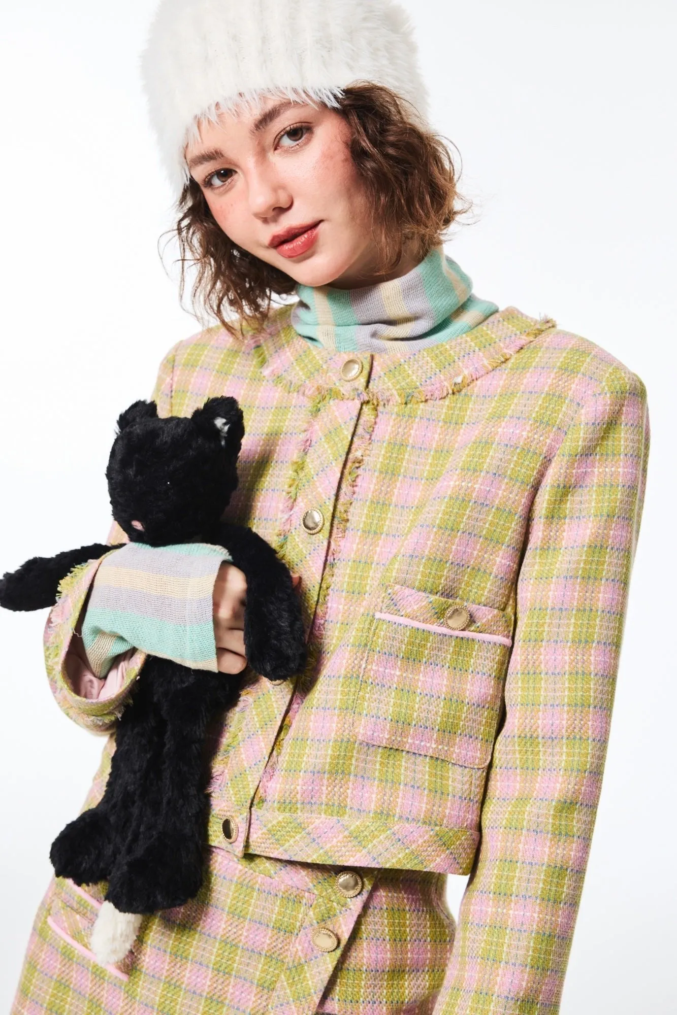 Checkered Tweed Plaid Blazer in Pink And Green