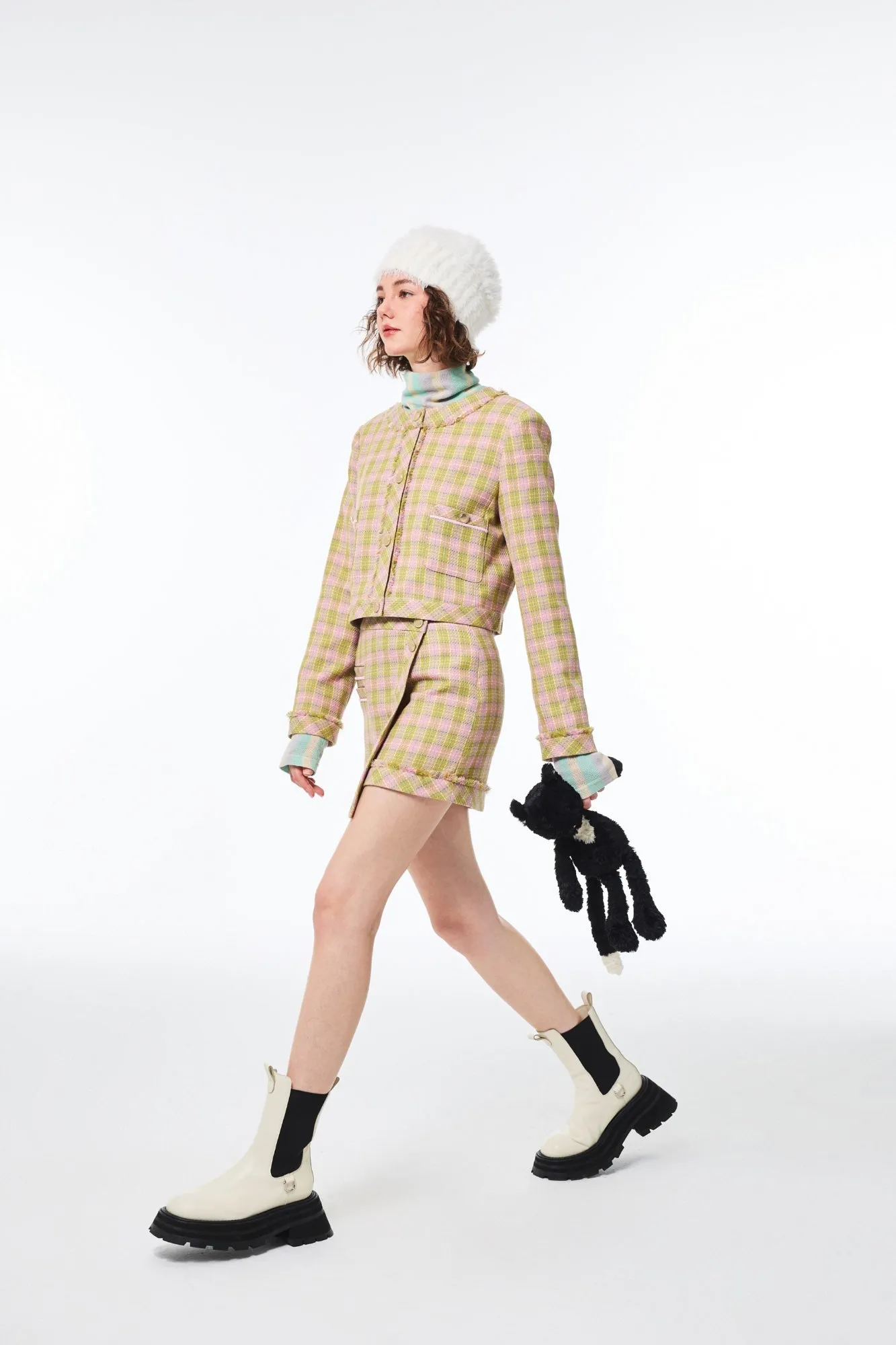 Checkered Tweed Plaid Blazer in Pink And Green