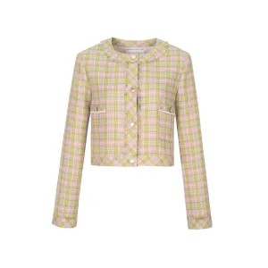 Checkered Tweed Plaid Blazer in Pink And Green