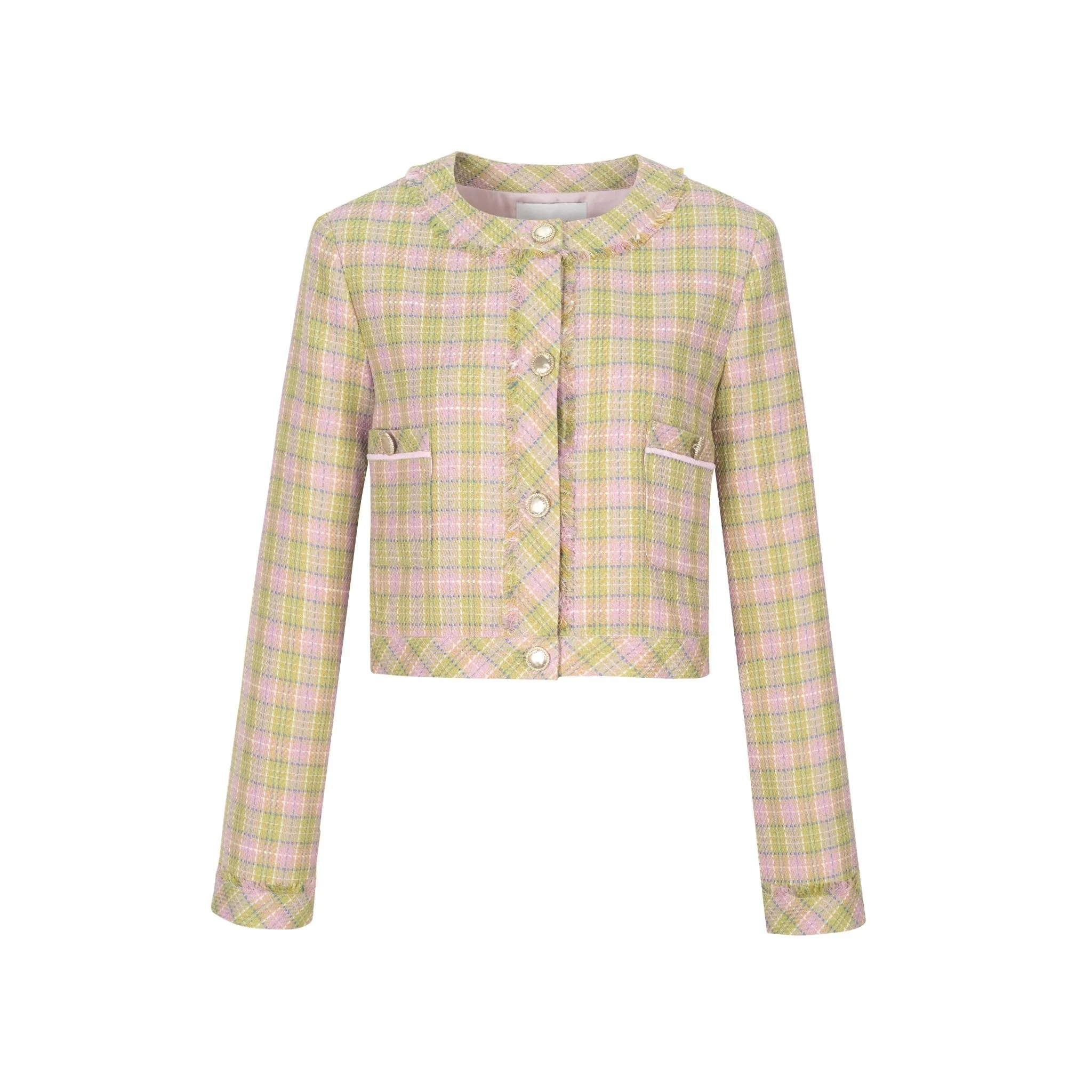Checkered Tweed Plaid Blazer in Pink And Green