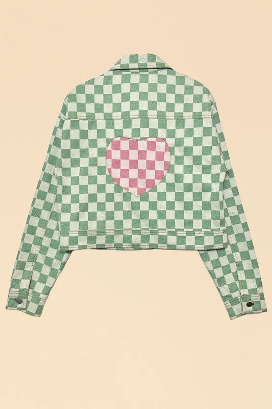 Cropped checkered heart denim jacket