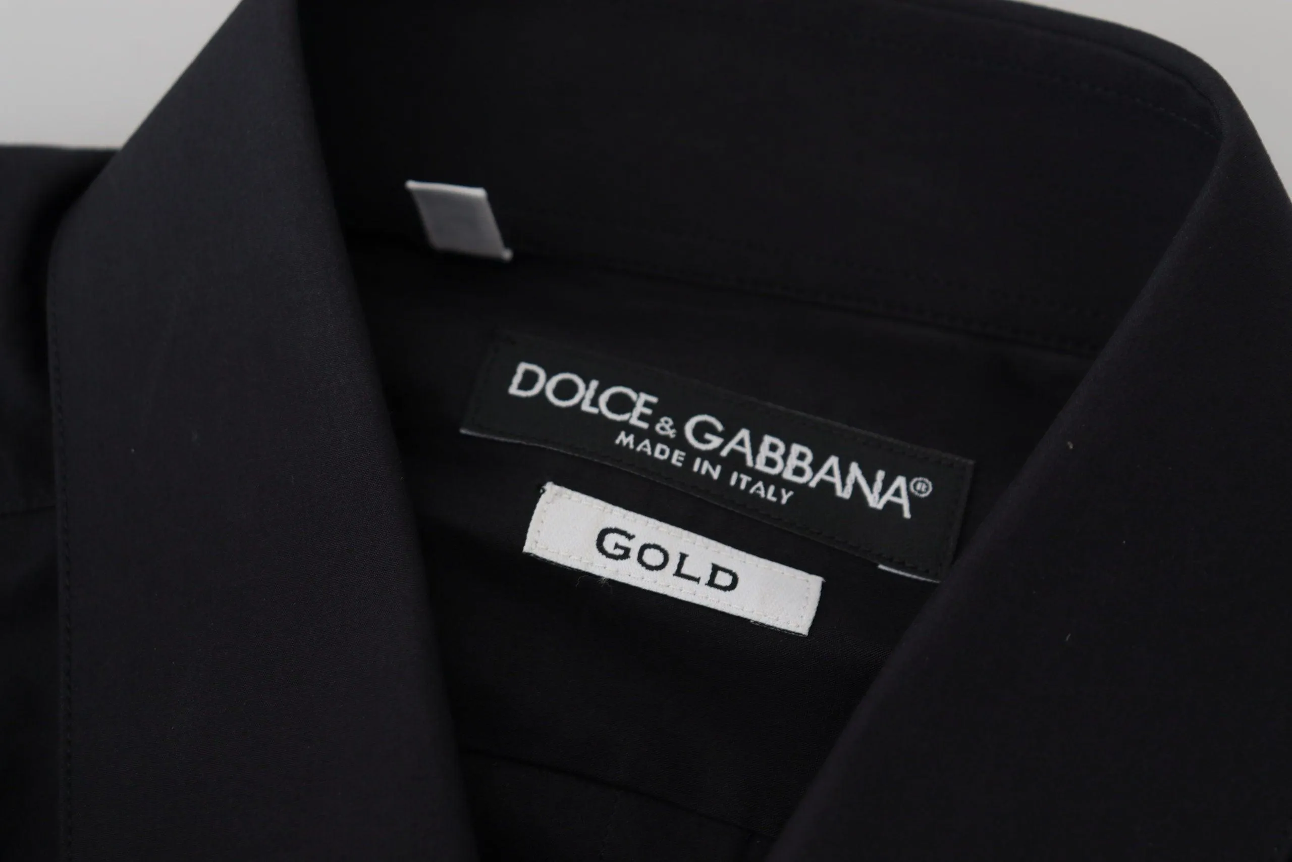 Dolce & Gabbana Black Cotton Slim Fit Formal Dress GOLD Shirt
