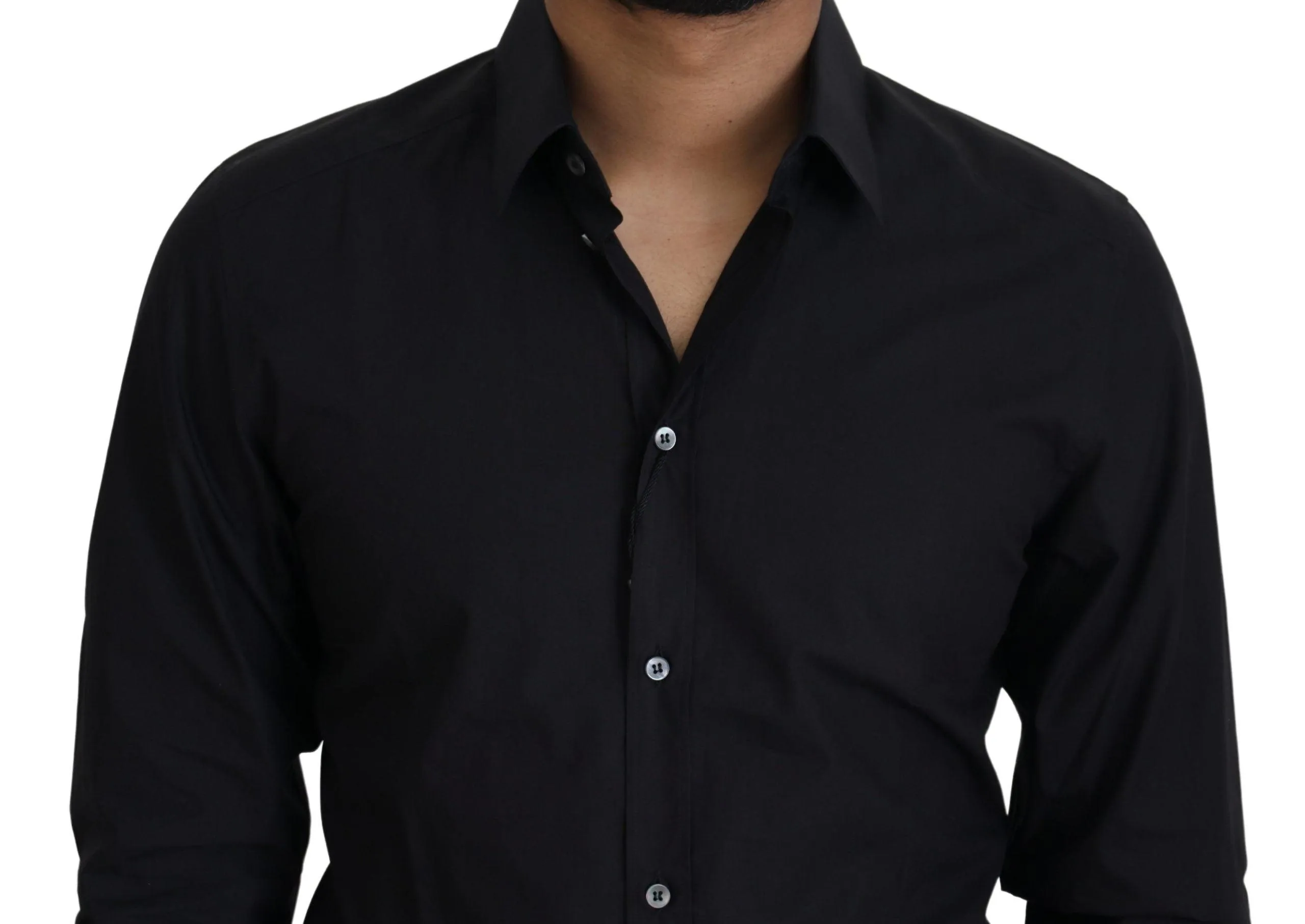Dolce & Gabbana Black Cotton Slim Fit Formal Dress GOLD Shirt