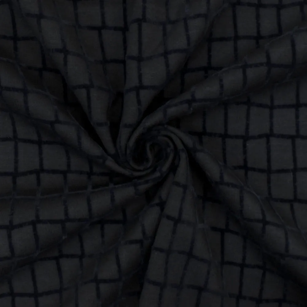 Faded Black-Blue Abstract Tile Velvet Double Knit Fabric