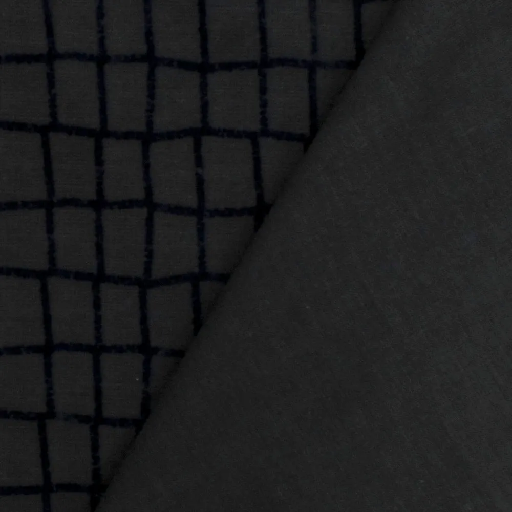 Faded Black-Blue Abstract Tile Velvet Double Knit Fabric