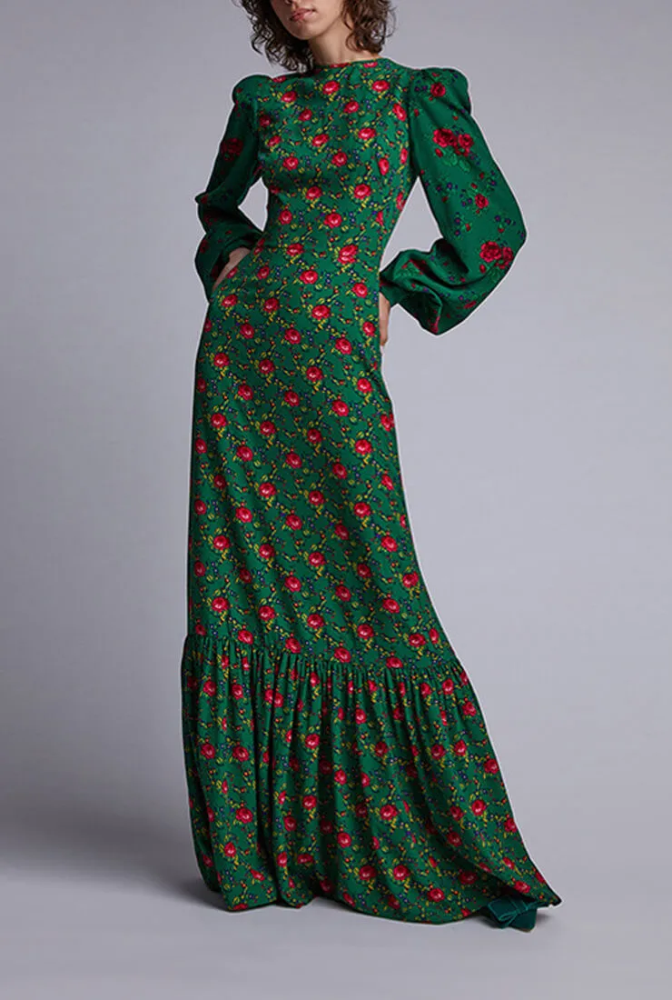 Fashion Green Print Long Sleeve Maxi Dress