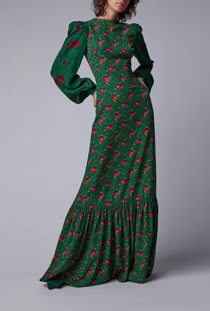 Fashion Green Print Long Sleeve Maxi Dress