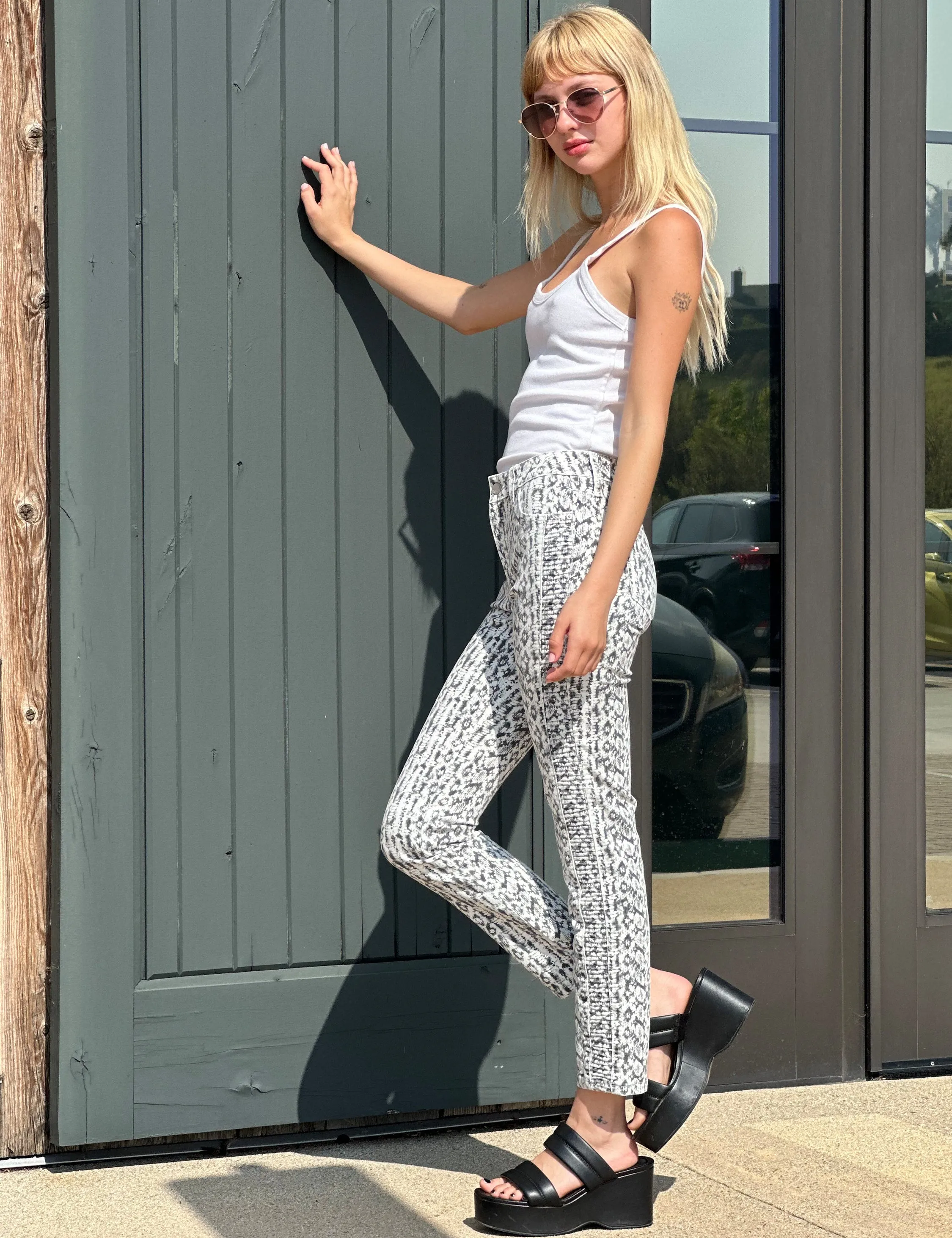 Fay Mid Rise Snake Print Side Ruched Ankle Jeans