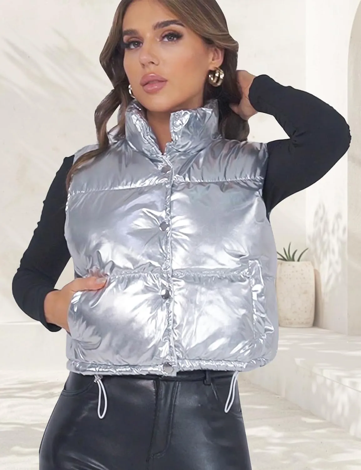 Flygo Women's Winter Crop Vest Metallic Quilted Down Vest Sleeveless Puffer Jacket