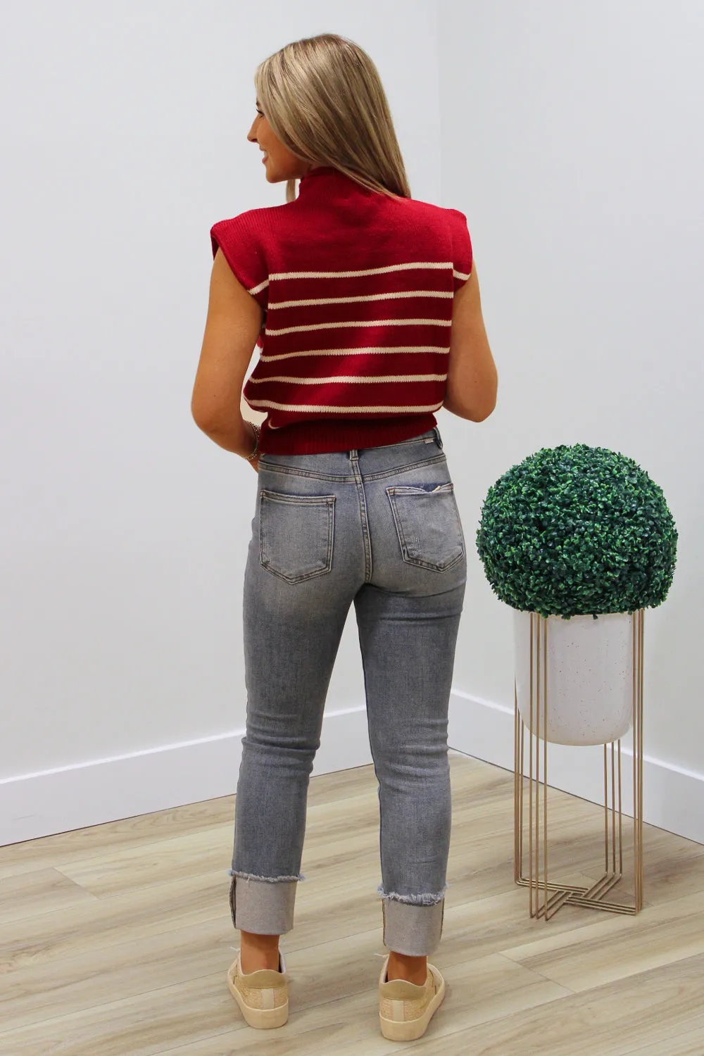 Focus On Me Mock Neck Striped Sweater - Burgundy