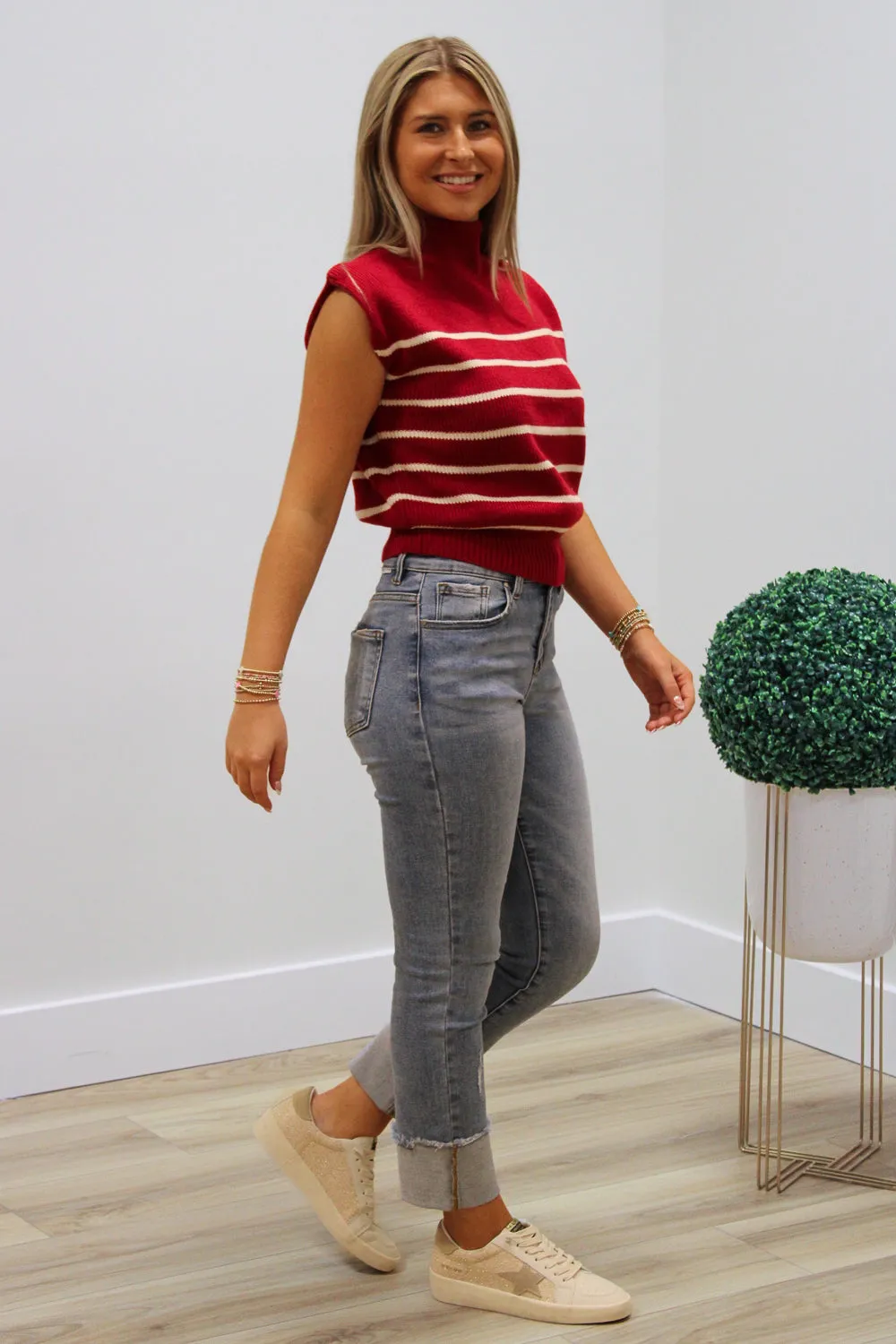 Focus On Me Mock Neck Striped Sweater - Burgundy