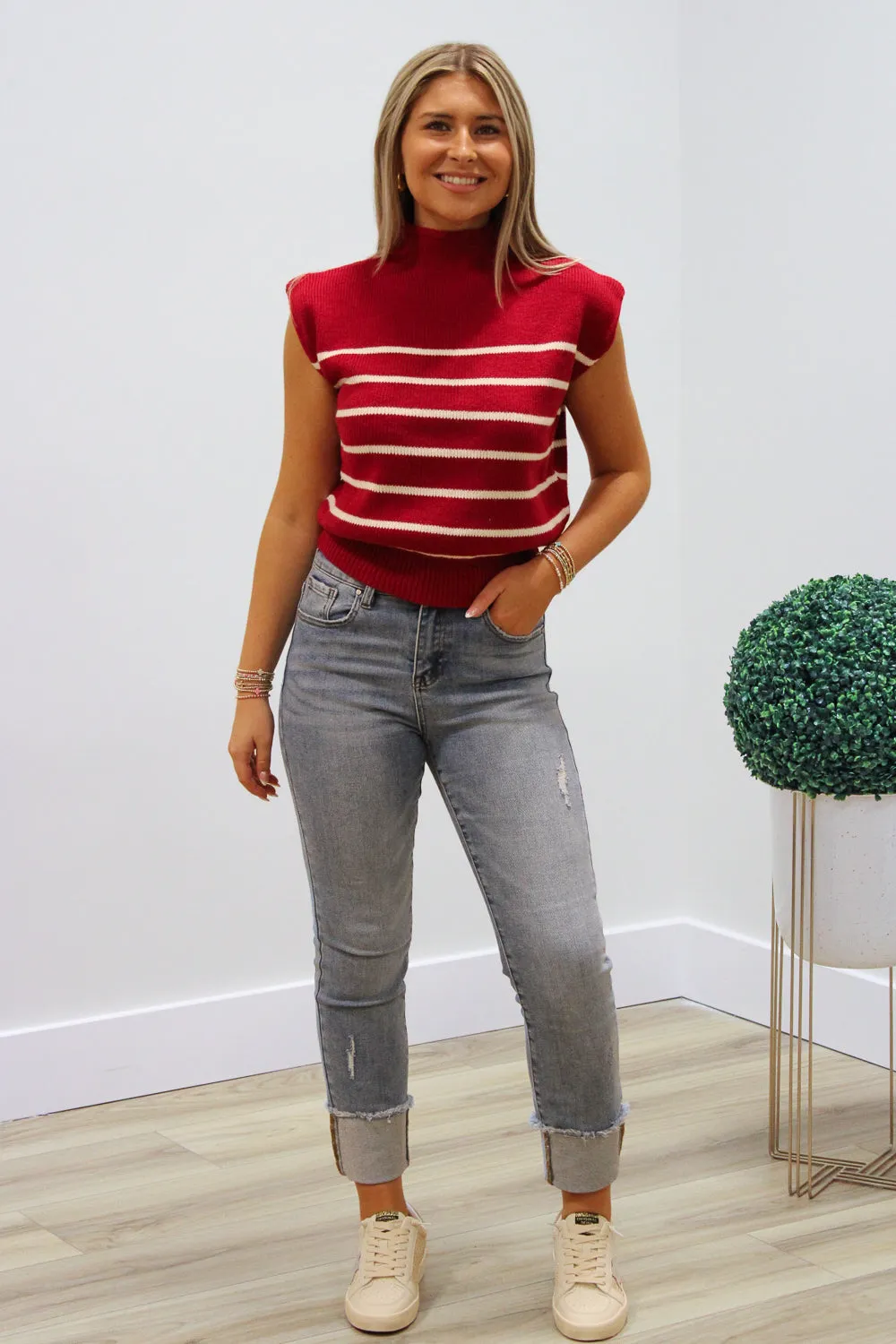 Focus On Me Mock Neck Striped Sweater - Burgundy