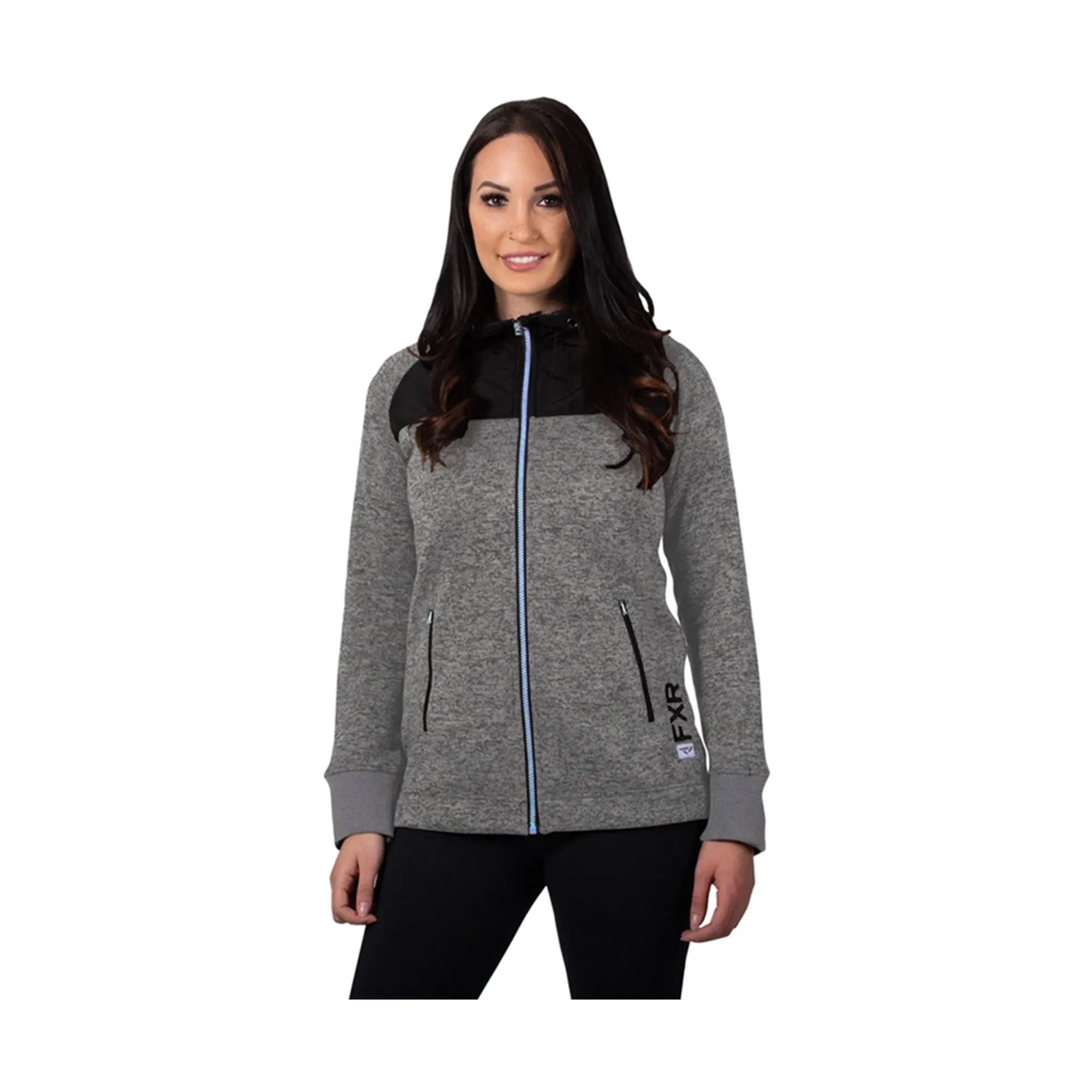 FXR Womens Fusion Sweater Hoodie White Heather/Sky Blue Grey