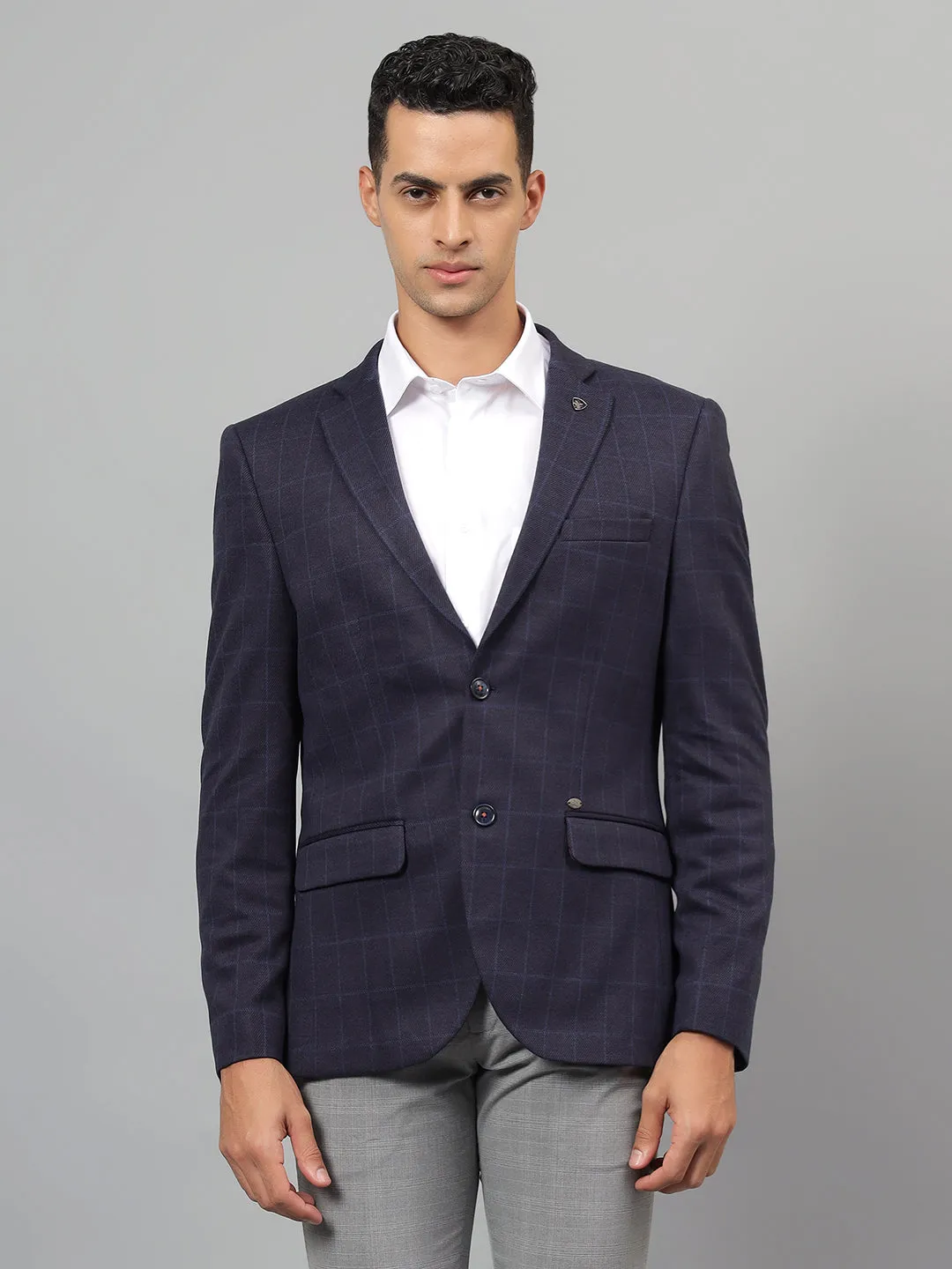 Men's Navy Blue Checked Notch Lapel Casual Blazer