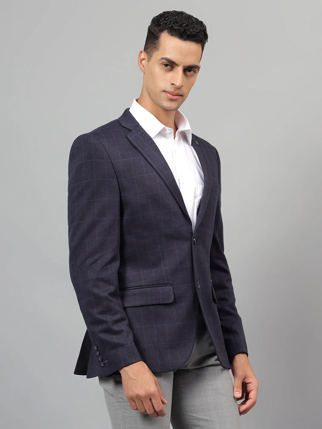 Men's Navy Blue Checked Notch Lapel Casual Blazer