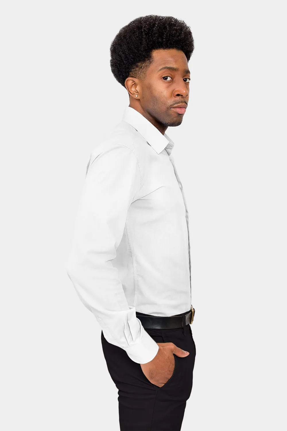 Men's Slim Fit Solid Color Dress Shirt (White)