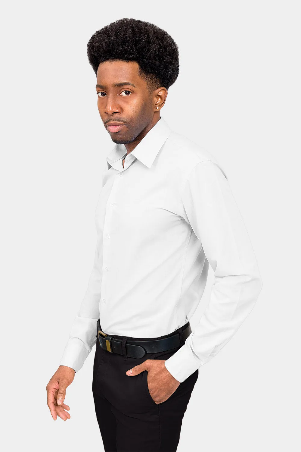 Men's Slim Fit Solid Color Dress Shirt (White)