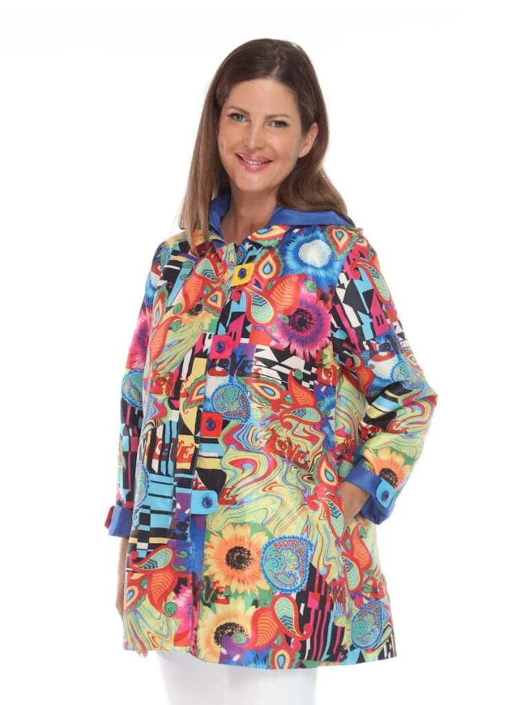 Oopera Zipper Front Closure Button Tab Placket Reversible Hooded Raincoat - Blue/Multicolor