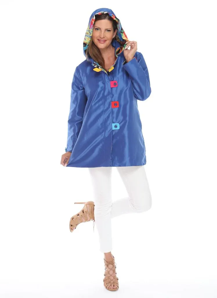 Oopera Zipper Front Closure Button Tab Placket Reversible Hooded Raincoat - Blue/Multicolor