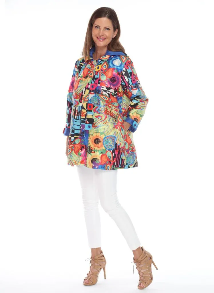 Oopera Zipper Front Closure Button Tab Placket Reversible Hooded Raincoat - Blue/Multicolor