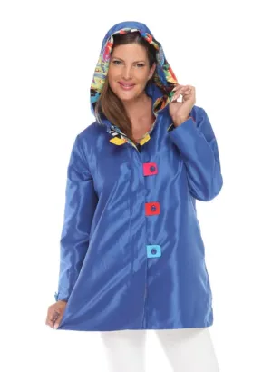 Oopera Zipper Front Closure Button Tab Placket Reversible Hooded Raincoat - Blue/Multicolor