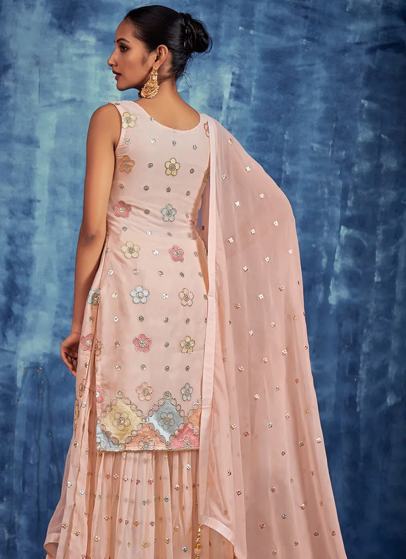 Peach Multi Embroidery Designer Gharara Style Suit