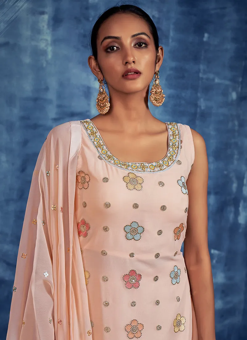 Peach Multi Embroidery Designer Gharara Style Suit