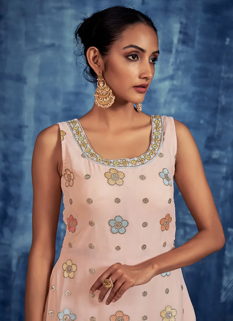 Peach Multi Embroidery Designer Gharara Style Suit