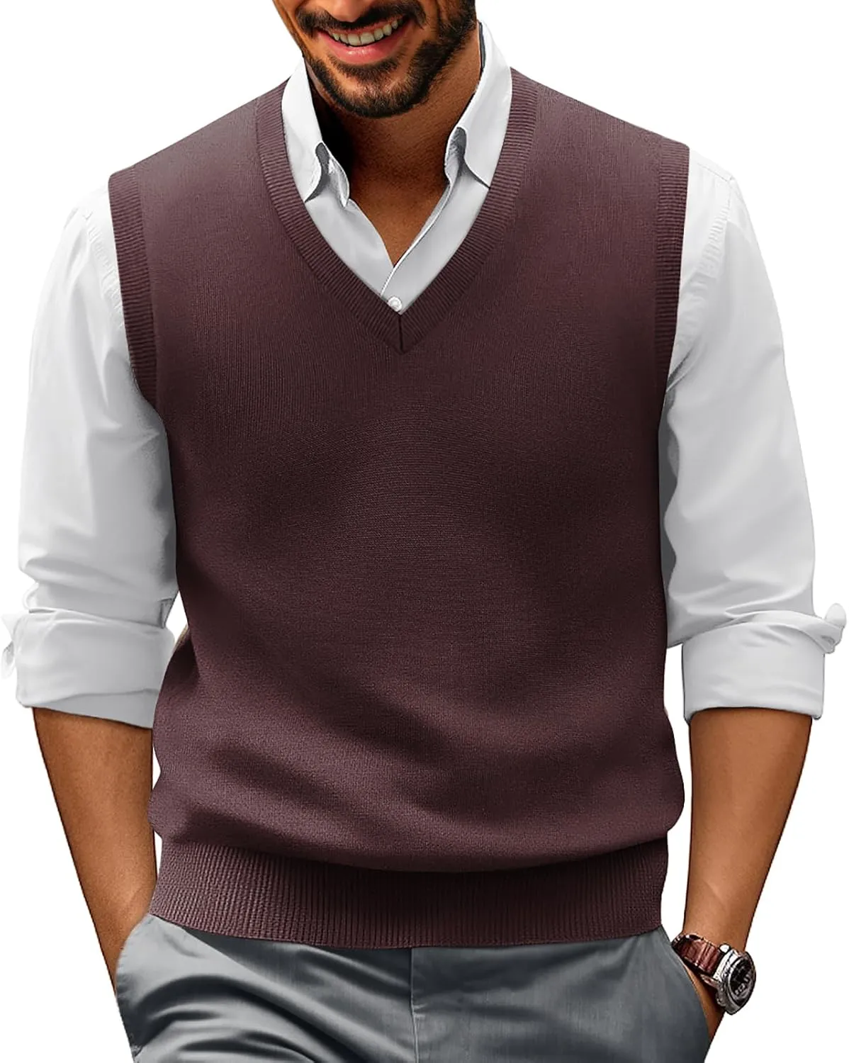 PJ PAUL JONES Mens V-Neck Knitted Sweater Vest Solid Plain Sleeveless Pullover Knitwear