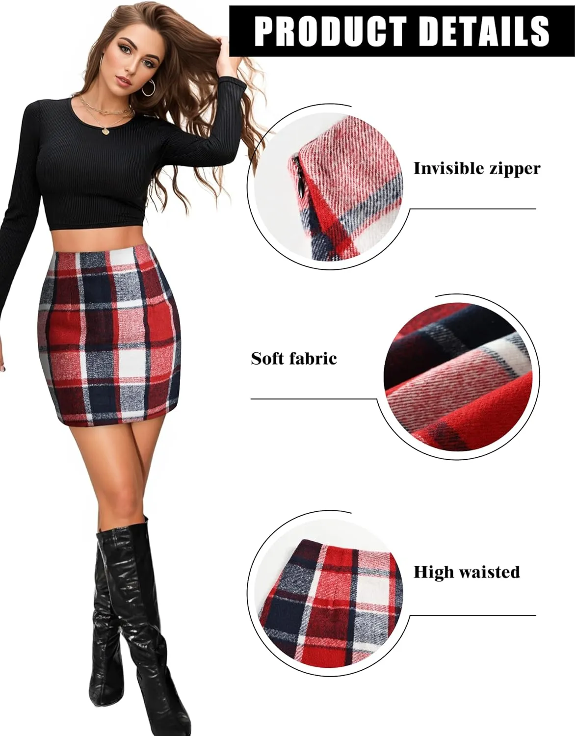 Plaid Skirts for Women, Pencil Mini Skirts for Women High Waist Bodycon Christmas Holiday Fall Winter Skirts 2024 Trendy