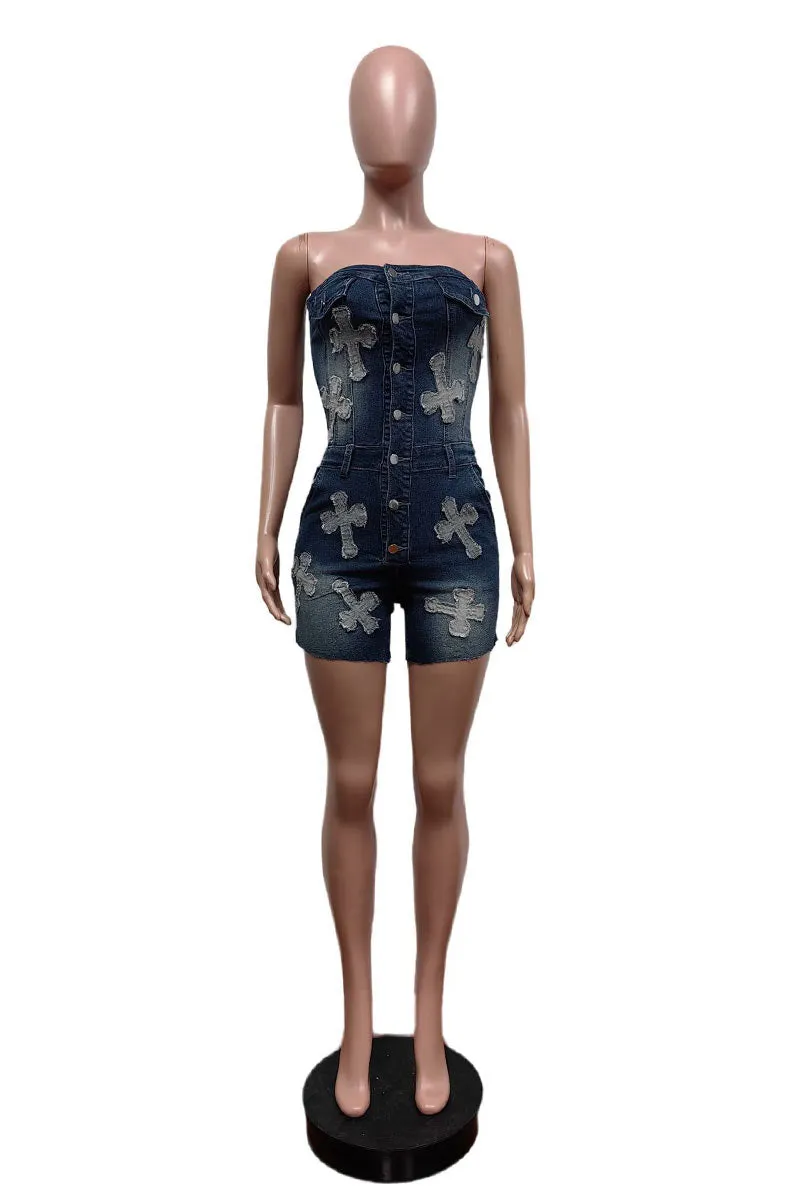 PM0499 Stretch Denim Rompers