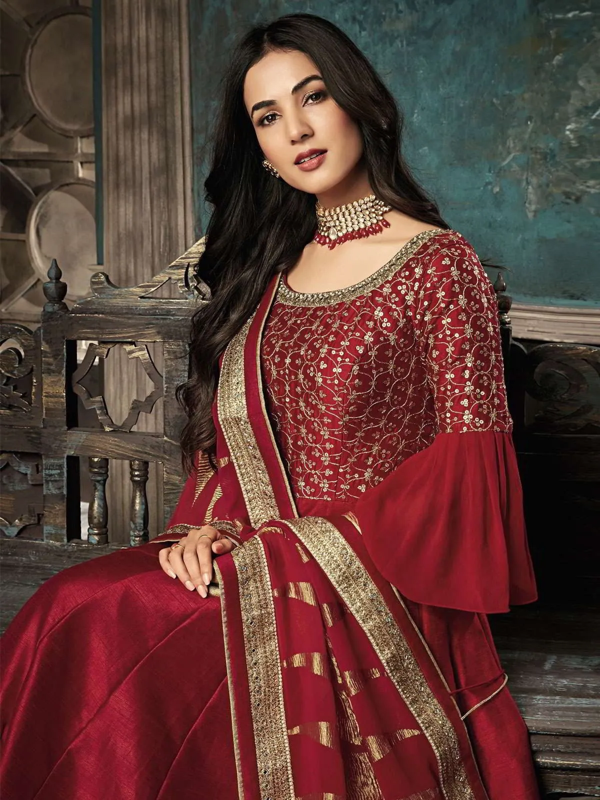 Red Rouge Golden Embroidered Designer Silk Anarkali Suit