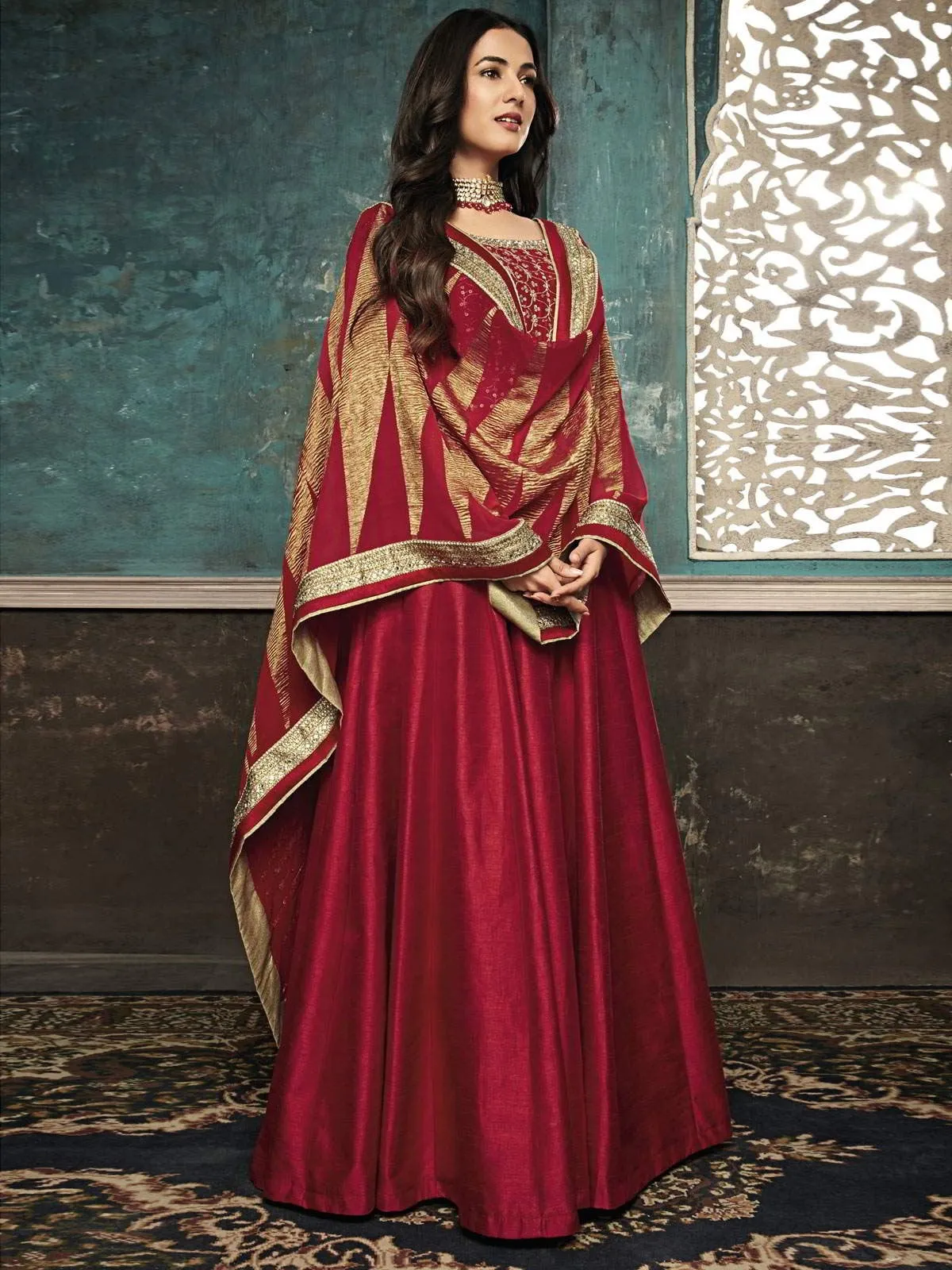 Red Rouge Golden Embroidered Designer Silk Anarkali Suit