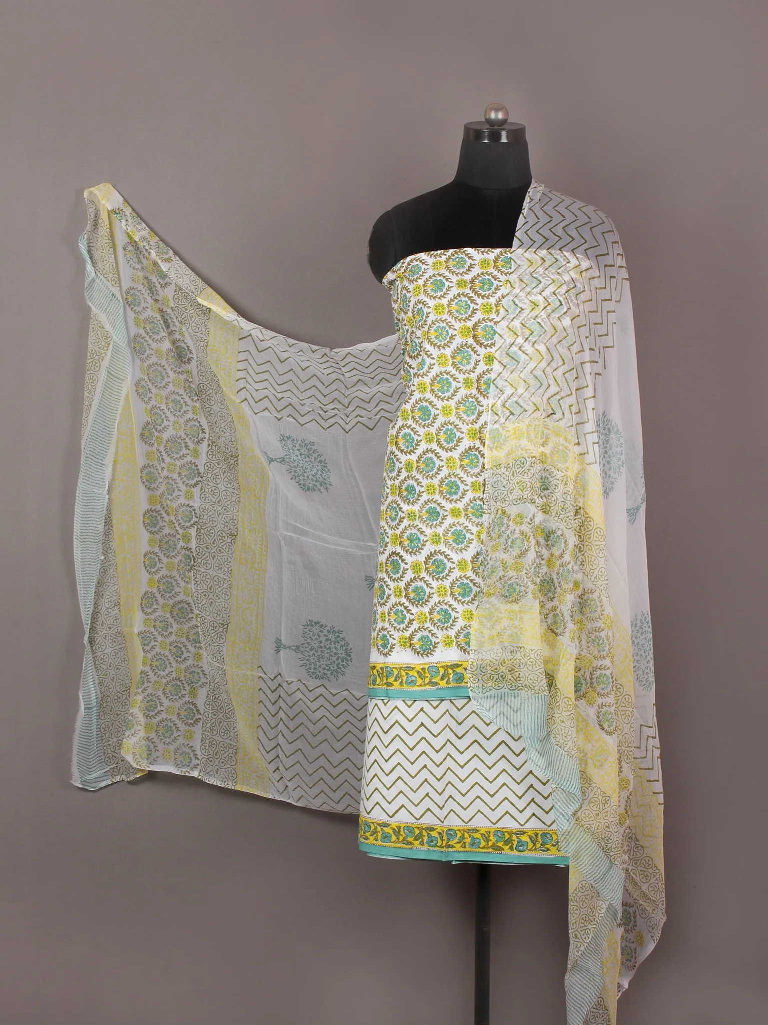 Seafoam Green Yellow Ivory Hand Block Printed Cotton Suit-Salwar Fabric With Chiffon Dupatta - S1628165