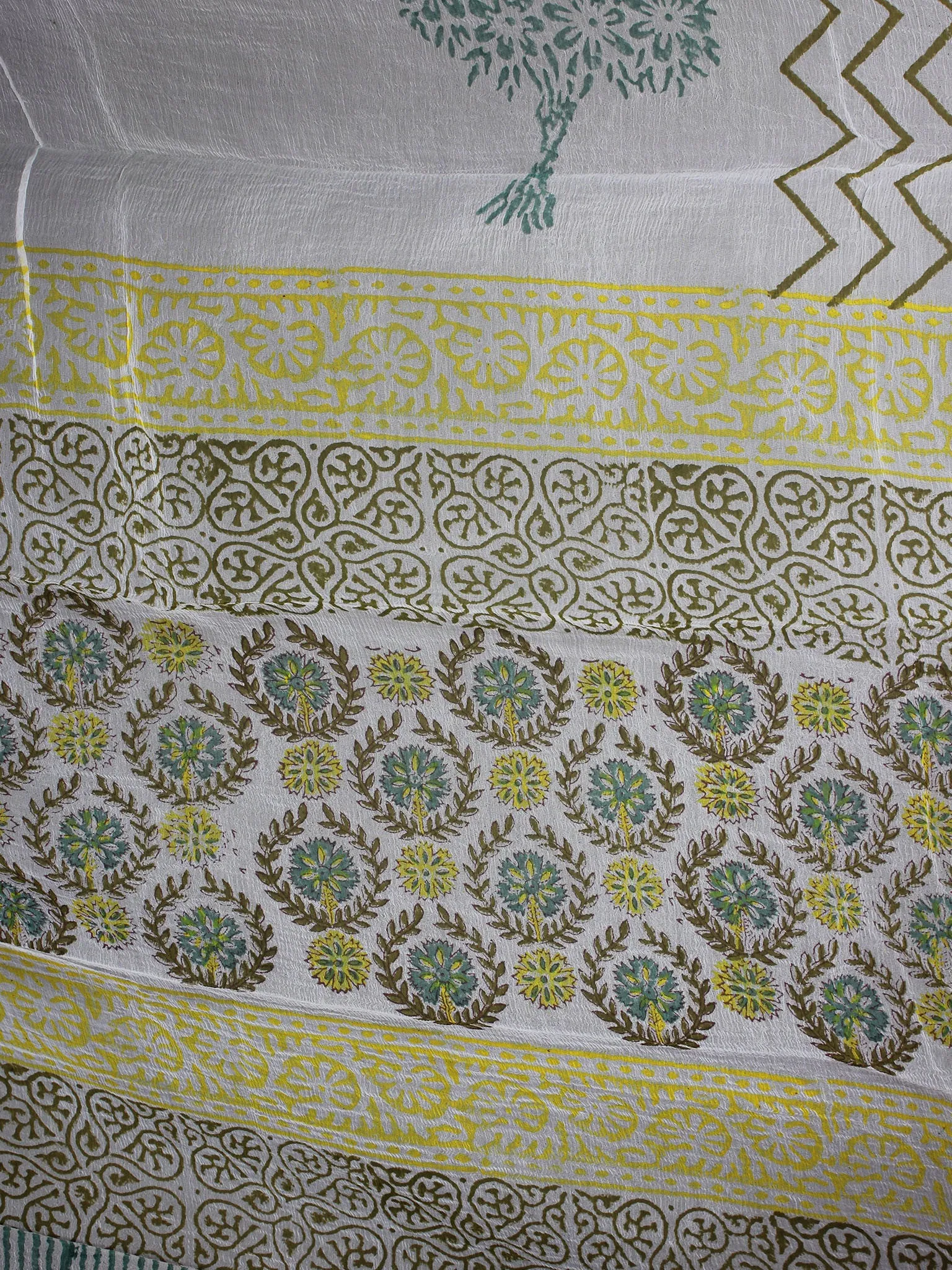 Seafoam Green Yellow Ivory Hand Block Printed Cotton Suit-Salwar Fabric With Chiffon Dupatta - S1628165