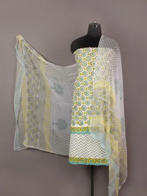 Seafoam Green Yellow Ivory Hand Block Printed Cotton Suit-Salwar Fabric With Chiffon Dupatta - S1628165