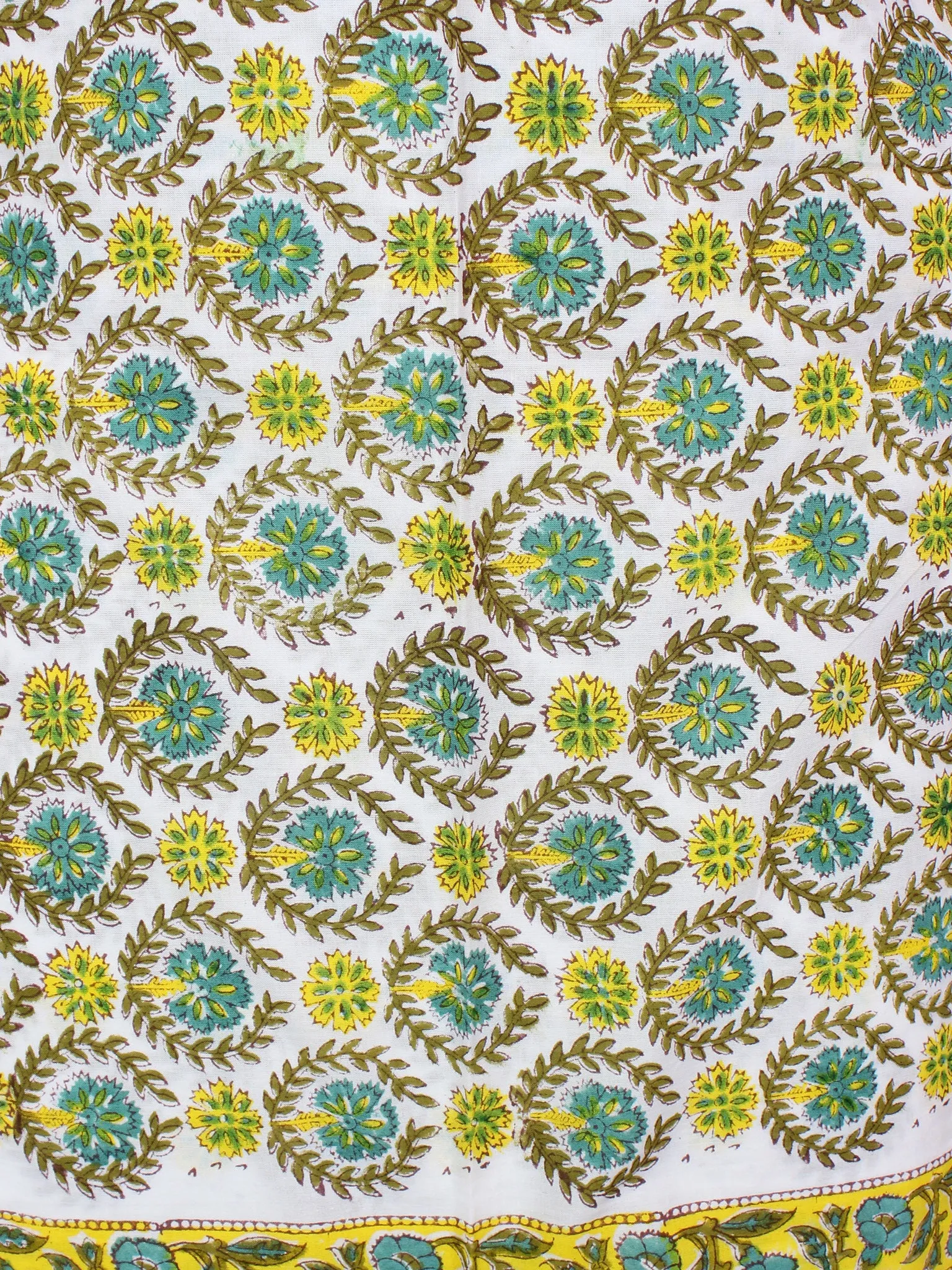 Seafoam Green Yellow Ivory Hand Block Printed Cotton Suit-Salwar Fabric With Chiffon Dupatta - S1628165