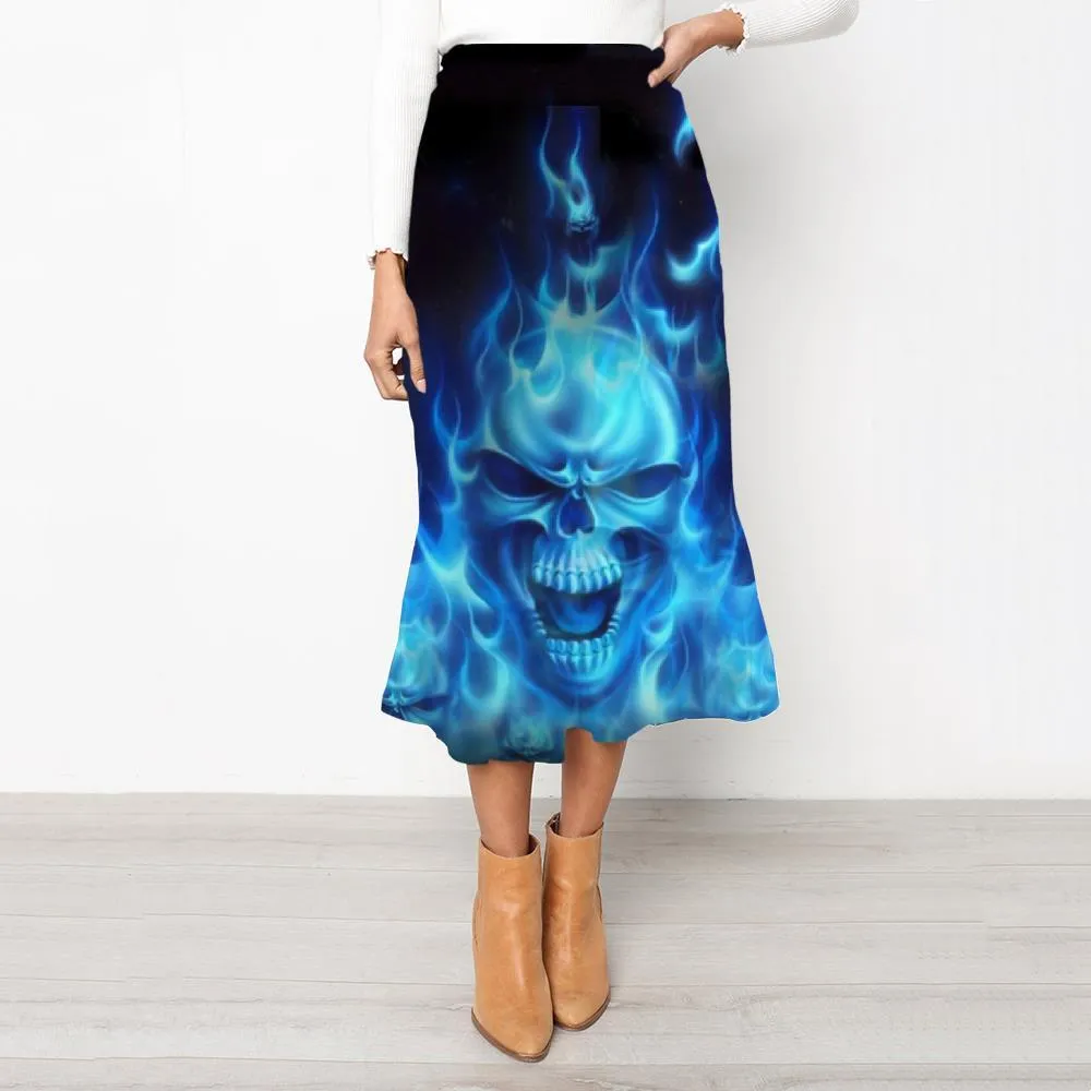 Skull Skirts Women Punk School skirt Blue High waist skirts Flame Rock Frauen