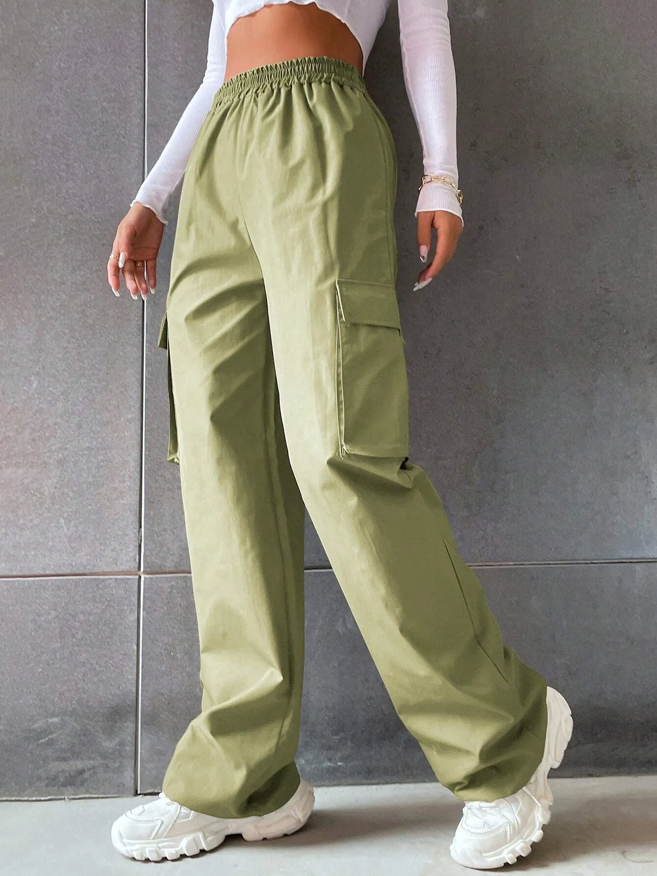Solid High Waist Flap Pocket Cargo Pants