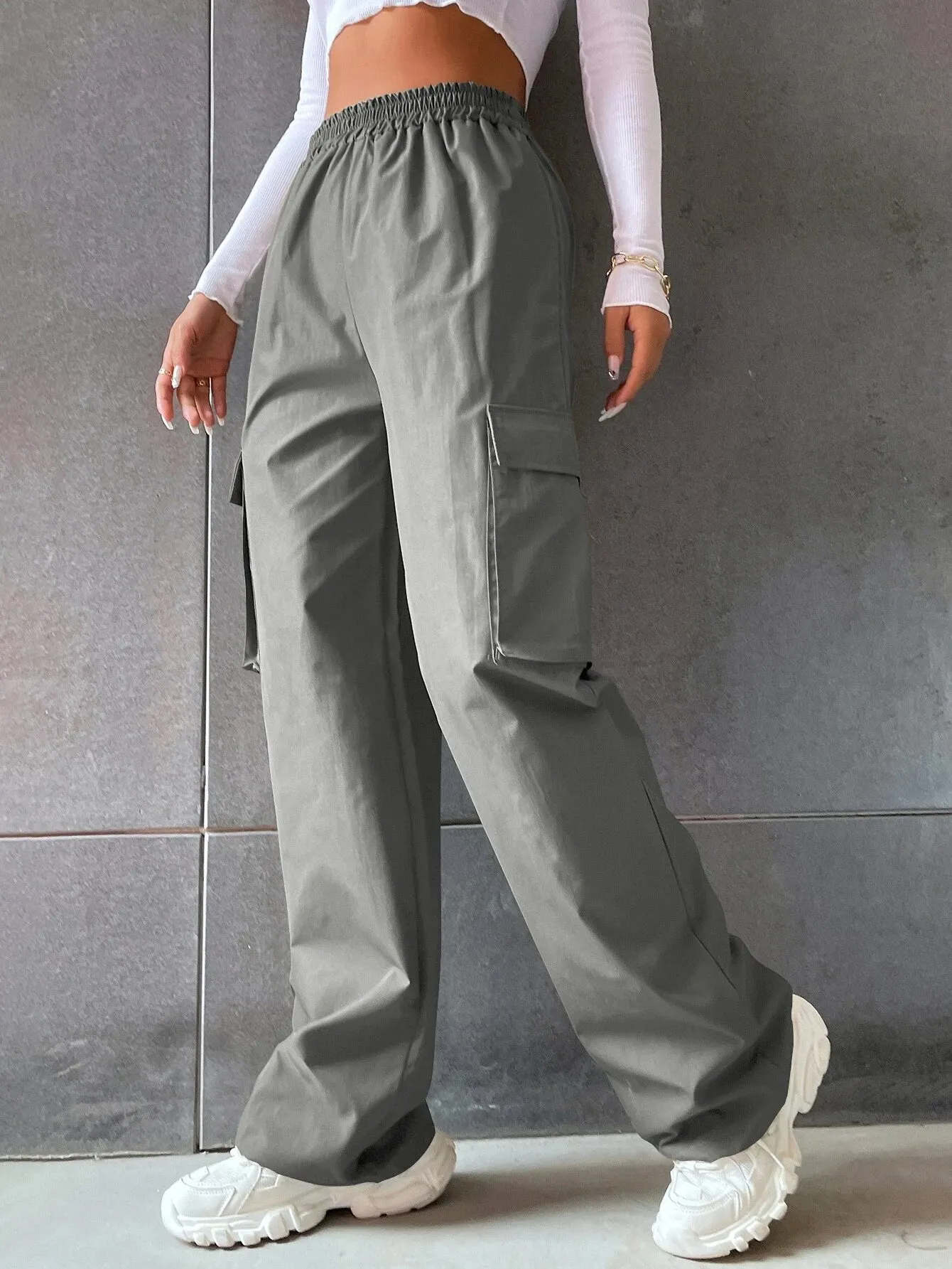 Solid High Waist Flap Pocket Cargo Pants